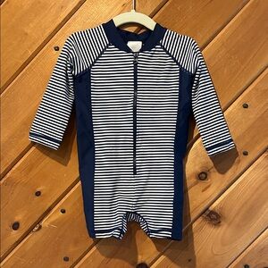 Hanna Andersson navy & white striped rash guard one piece swim suit size 18/24m